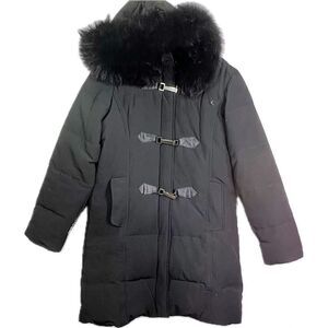 Larry Levine down, puffer coat with fox tail fur trim with flaws womens small